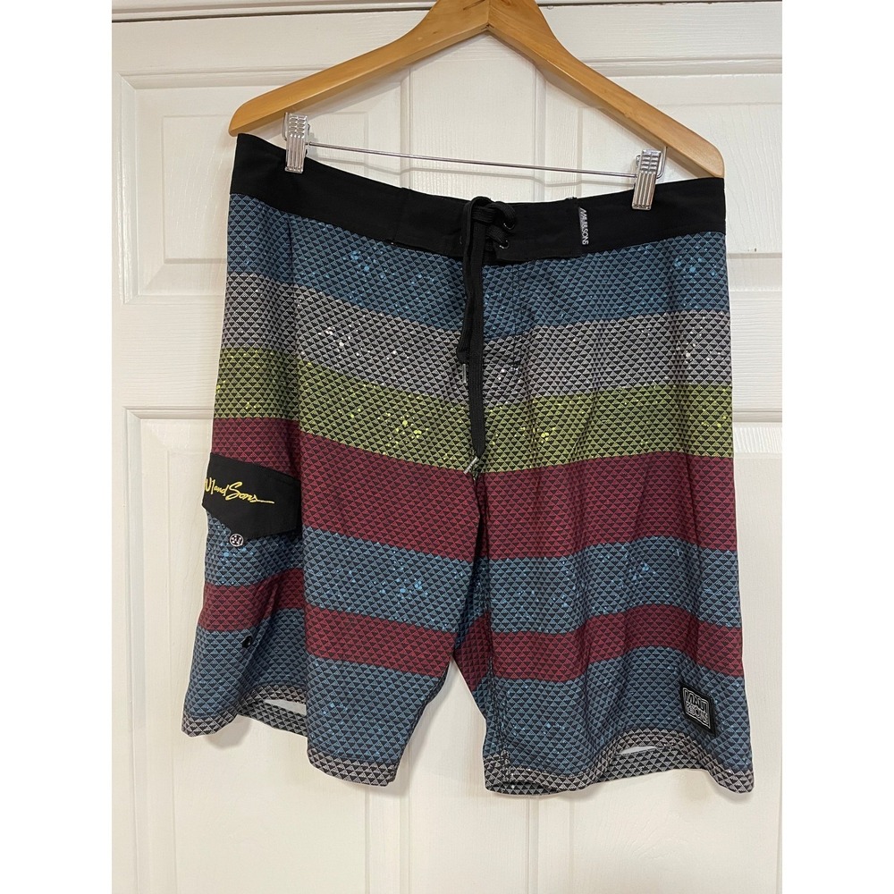 Maui and Sons‎ Board Shorts Swim Trunks Stretch Pixel Grey Blue Red Mens 34x10 L